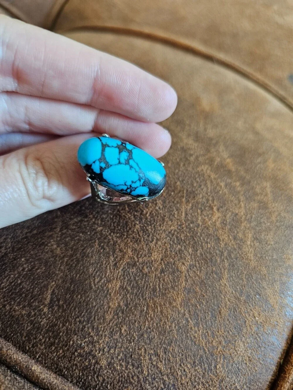 Vtg elongated cabochon (smooth, polished) turquoise stone Ring Sz 7.5
